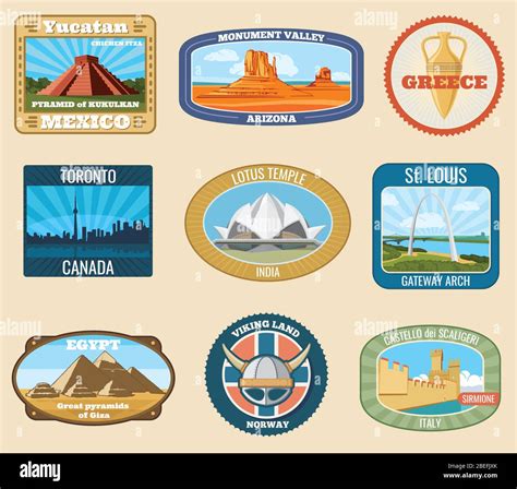 World Famous International Landmarks Vector Vintage Travel Stickers