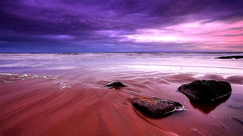 Purple Sky Beach Sand Purple Sunset Waves Sky Sea Hd Wallpaper