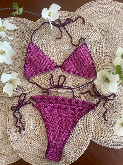 Pink Crochet String Bikini Set Triangle Top And Cheeky Bottoms Etsy