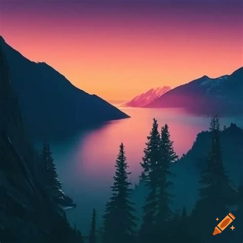 Sunset Over A Mountain Lake