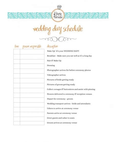 The Wedding Day Schedule Is Shown In This Printable Form Which