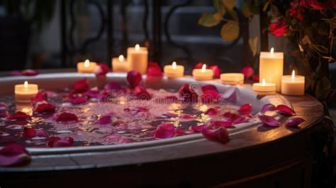 Romantic Spa. Jacuzzi with Rose Petals and Candles Stock Image - Image ...