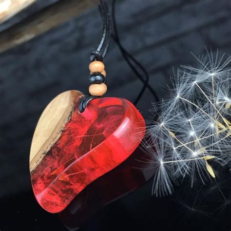 Bestseller Heart Resin Wood Necklace Red Dandelion Herz Harz Etsy