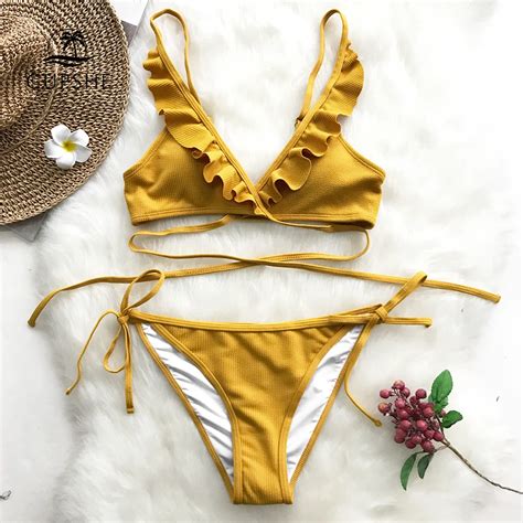 Aliexpress Buy CUPSHE Yellow Ruffle Backless Bikini Sets Women