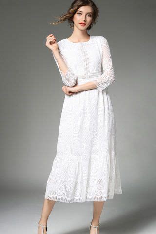 White Three Quarters Length Sleeves Hollow Out Lace Dress