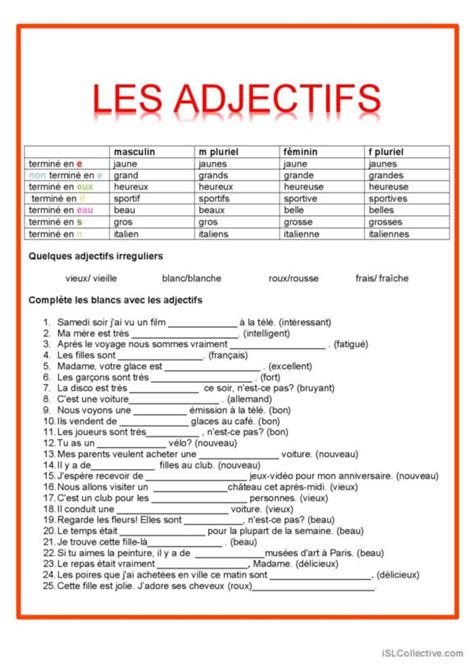 Adjectifs Fran Ais Fle Fiches Pedagogiques Pdf Doc