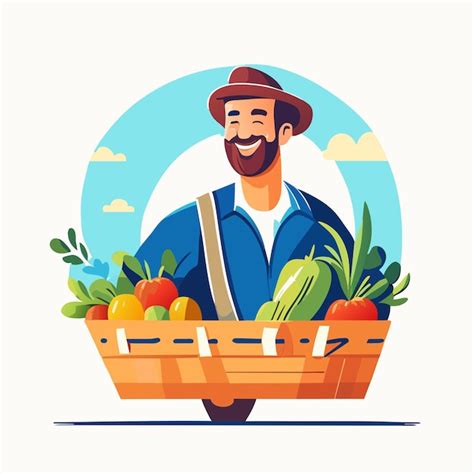 Agricultor Ou Jardineiro Sorridente De Uniforme Segura Cesta De Frutas