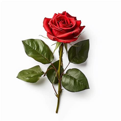 Una rosa roja con hojas verdes está sobre un fondo blanco Foto Premium