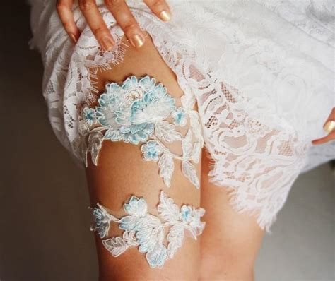 Wedding Garter Set Bridal Garter Belt Ivory Blue Garter Lace Garters