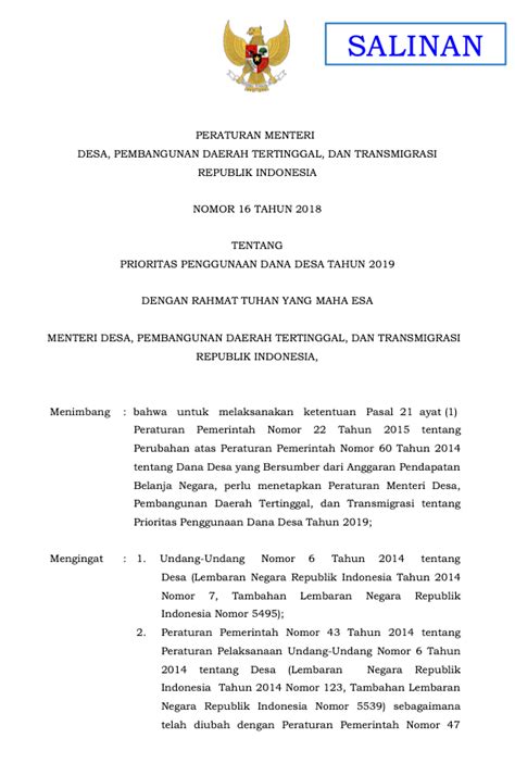 Kemendesa Permendesa No 16 Tahun 2018 Tentang Prioritas Penggunaan