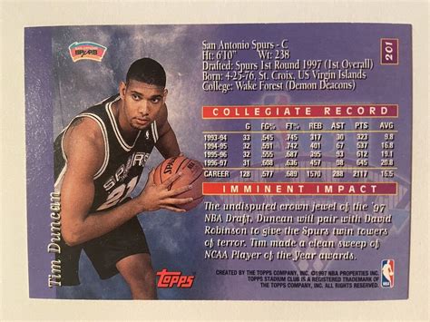 Tim Duncan Topps Stadium Club Rookie San Antonio Spurs Tsc