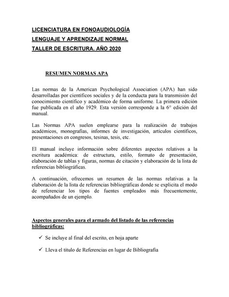 Resumen Normas APA LICENCIATURA EN FONOAUDIOLOGÍA LENGUAJE Y