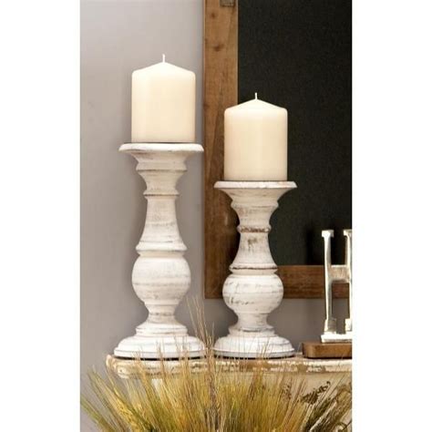 Litton Lane Distressed White Mango Turned Wood Style Post Candle