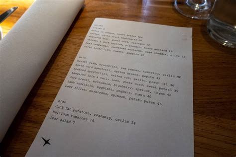 Menu at Balthazar restaurant, Perth