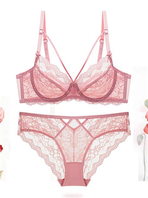 Women Bras Pink Lace Sheer Bra Panty Two Piece Set Sexy Lingerie