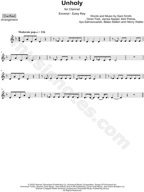 Clarified "Unholy [excerpt - easy]" Sheet Music (Clarinet Solo) in D ...