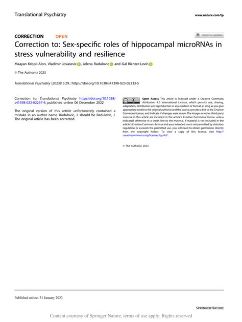 Pdf Correction To Sex Specific Roles Of Hippocampal Micrornas In