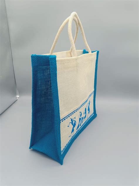 Webbed Handle Zipper Blue Printed Jute Carry Bag Size Dimension