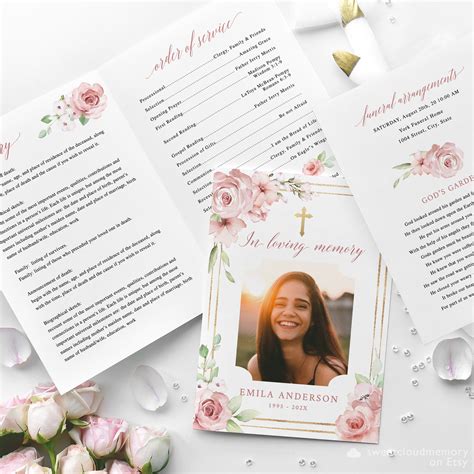 Blush Rose Funeral Program Template Gold Cross Funeral Etsy