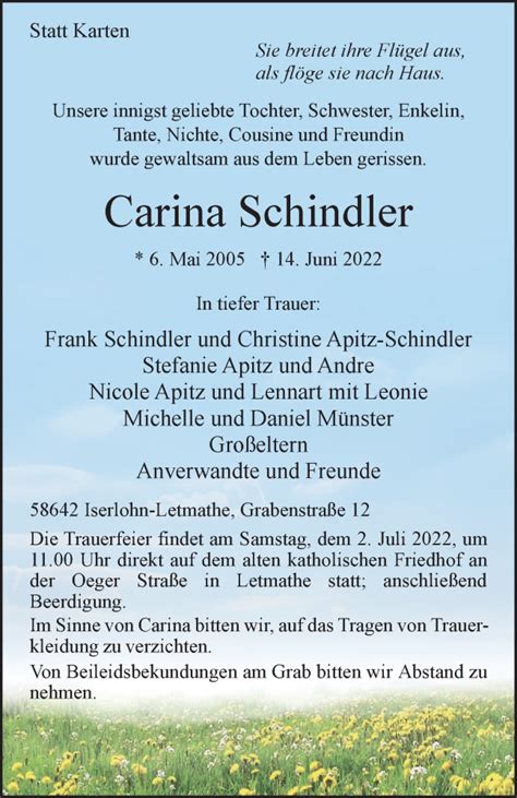 Traueranzeigen Von Carina Schindler Trauer In Nrw De