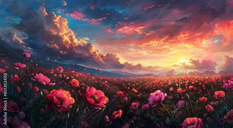 Ilustração do Stock Un champ de fleurs avec un magnifique coucher de