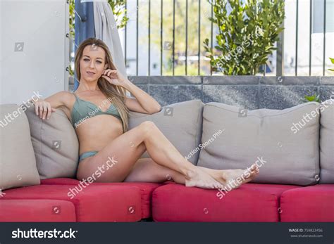 Blonde Swimsuit Model Posing Outdoor Environment Stock Photo