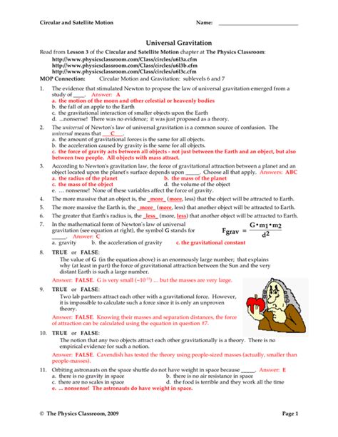 Law Of Universal Gravitation Worksheet