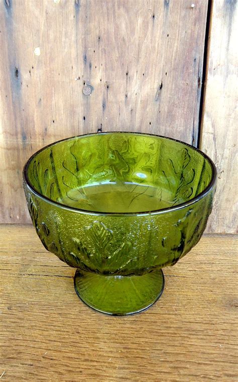 Vintage Green Bowl Glass Pedestal Footed Compote Floral