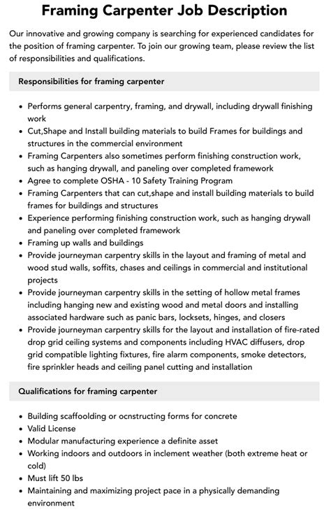 Framing Carpenter Job Description Velvet Jobs