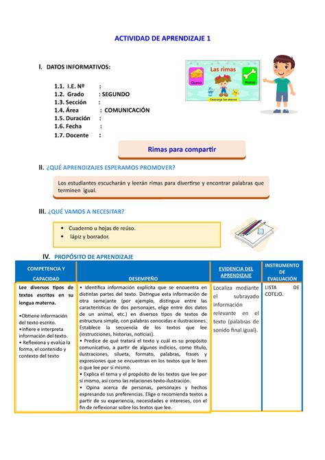 D1 A1 Sesion Rimas Para Compartir ACTIVIDAD DE APRENDIZAJE 1 I