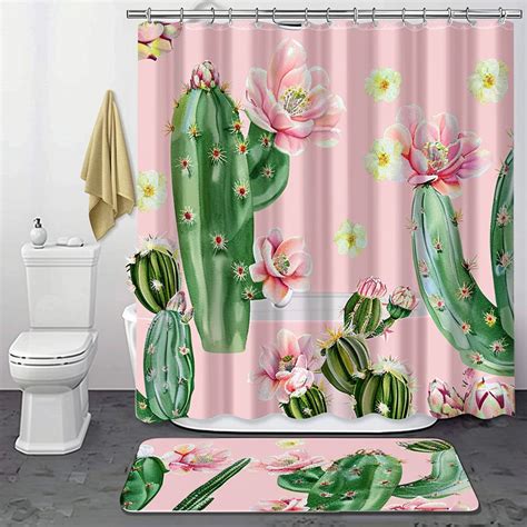 Cactus Flower Shower Curtain Set Bathroom Decor With Cacti Patterned