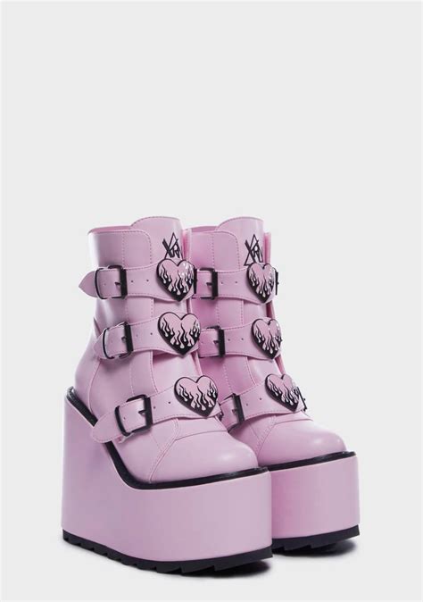 Yru Flame Heart Buckle Platform Boots Pink Black Dolls Kill