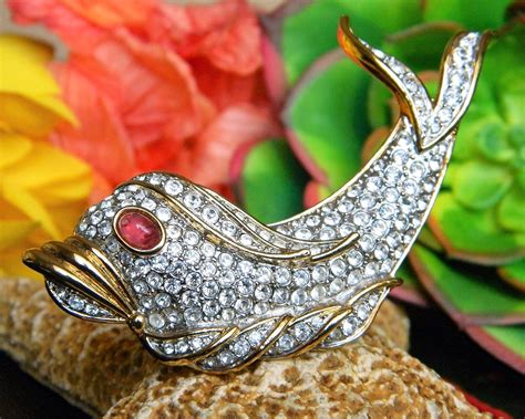 Vintage Fish Dolphin Brooch Pin Attwood Sawyer Rhinestones Signed A S