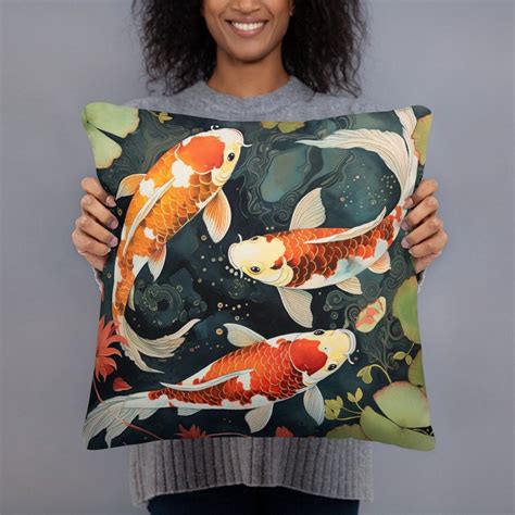 Unique Koi Fish Throw Pillow Floral Design Pillow Cover Green Orange