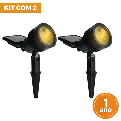 Kit 2 Espeto de Jardim Luminária Solar Spot LED Branco Quente