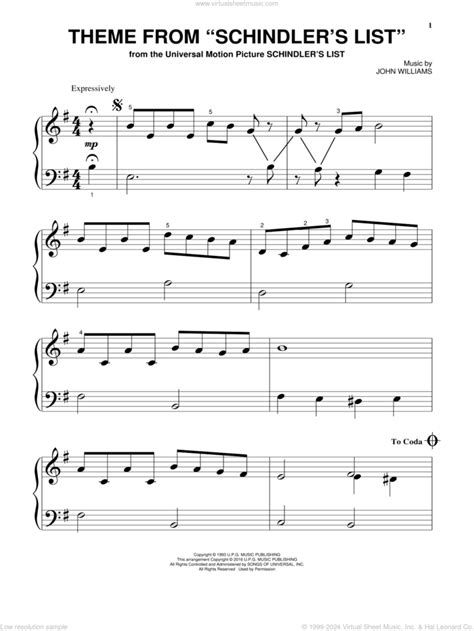 Theme From Schindlers List Sheet Music Beginner For Piano Solo