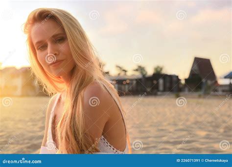 Beautiful Young Woman On Sandy Beach Space For Text Stock Image