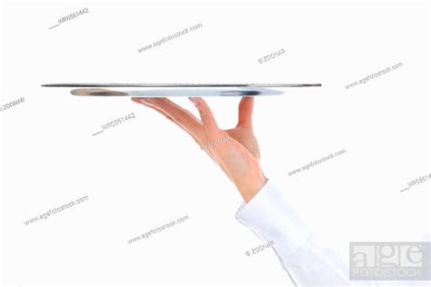 Waiter Holding Empty Silver Tray Stock Photo Picture And Royalty Free