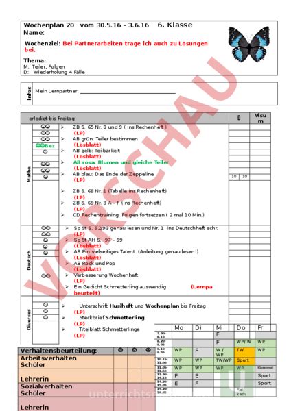 Arbeitsblatt Wochenplan Administration Methodik Lehr Und Lernformen