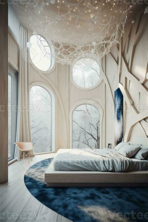 Aesthetic sculptural minimal white modern bedroom with light wood ...