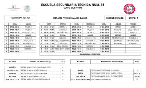 Horarios Segundo Grado Ciclo Escolar Escuela Secundaria