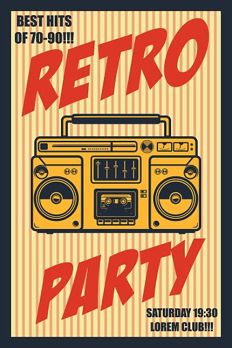 Retro Party Poster Template With Retro Style Boombox Design Element For Banner Sign Flyer Vector