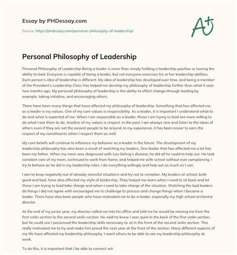 Personal Philosophy Of Leadership Essay Example PHDessay