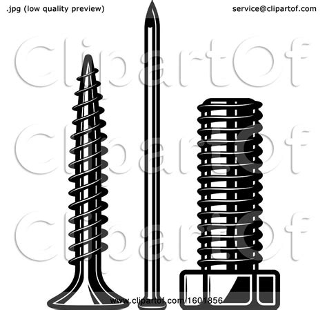 Clipart Of A Black And White Nail And Screws Royalty Free Vector