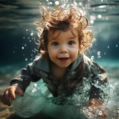 Premium Ai Image Adorable Baby Swiming Underwater Diving Young Swim Water