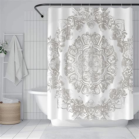 Boho Chic Mandala Shower Curtain In White And Grey Farmhouse Style