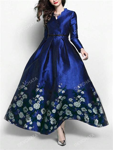 Floral Print Scallop Trim Dress Elegant Long Sleeve Formal Evening Prom