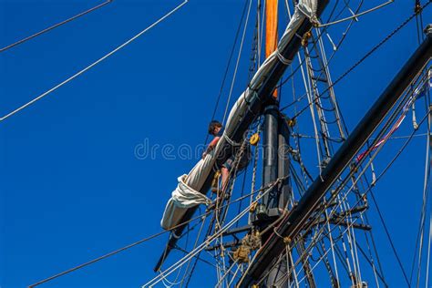 Tall Sailing Ship Working On Rigging Editorial Photography Image Of