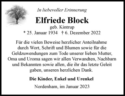 Traueranzeigen Von Elfriede Block Nordwest Trauer De