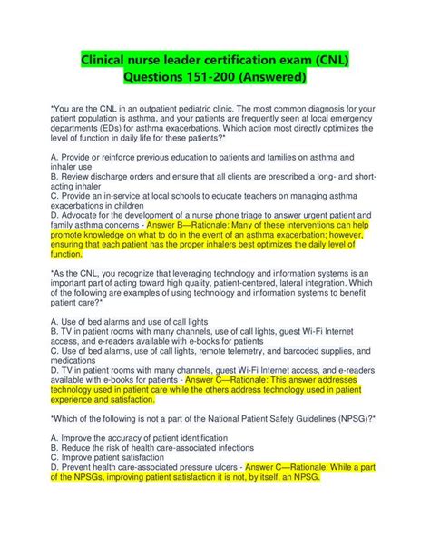 Clinical Nurse Leader Certification Exam Cnl Questions 151 200